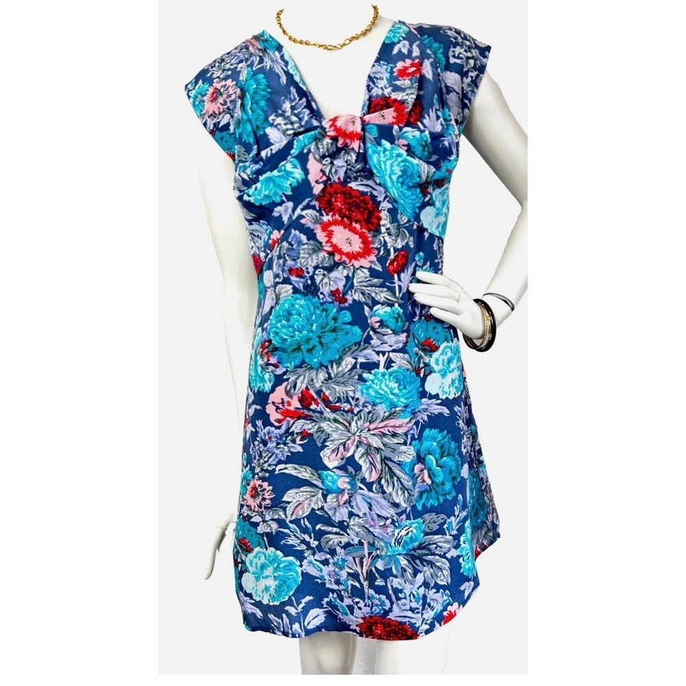 Paul & Joe Sister Floral Silk Dress Size 8 Blue Sheath V-Neck Bow Cap Sleeve EUC